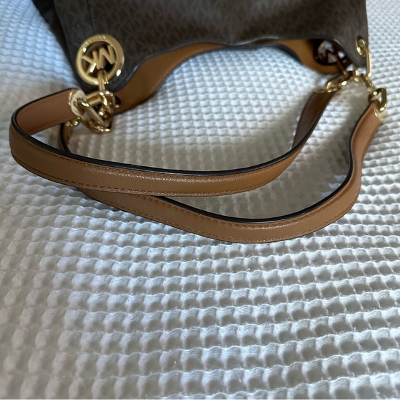 Michael Kors Fulton Large Signature Charm Hobo Shoulder Bag Tote Brown MK Logo - Picture 9 of 16